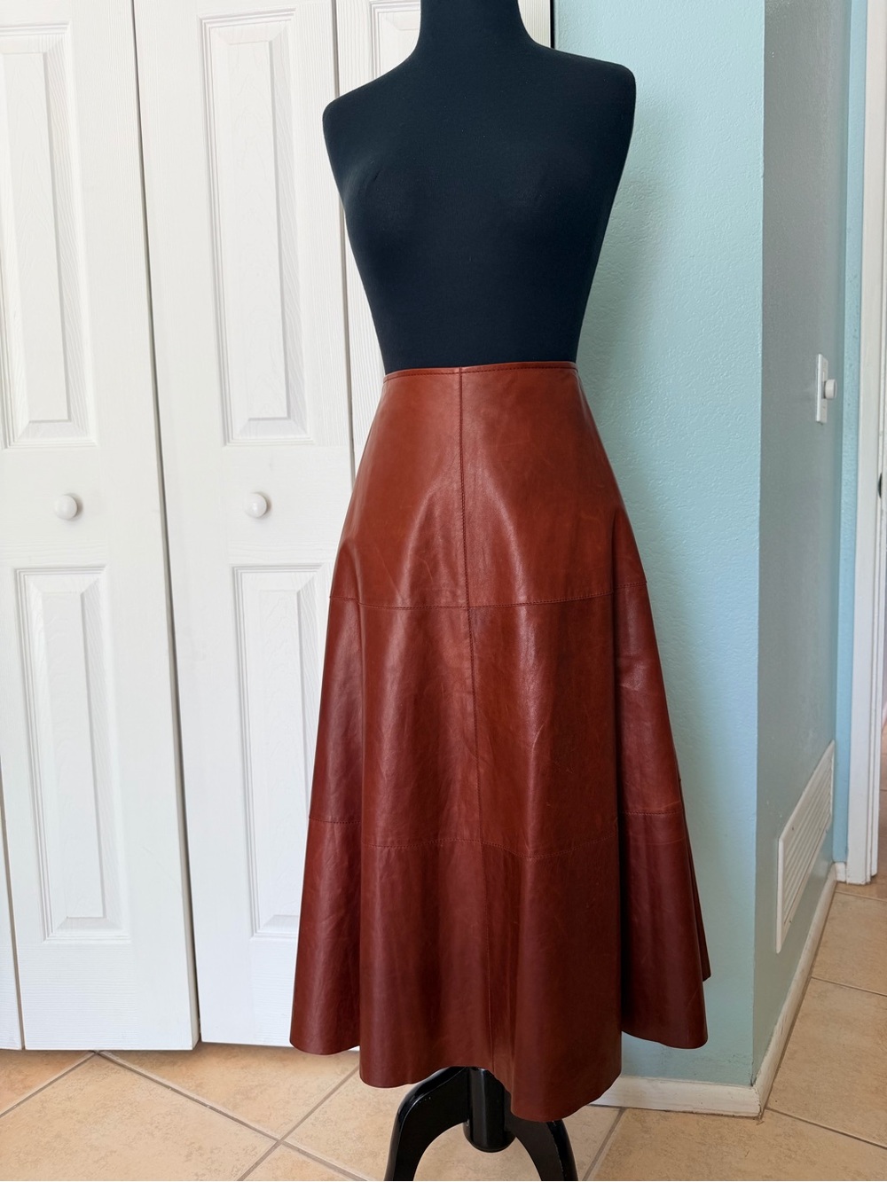 Lafayette 148 New York Brown REAL Leather A-Line Midi Skirt Size 12